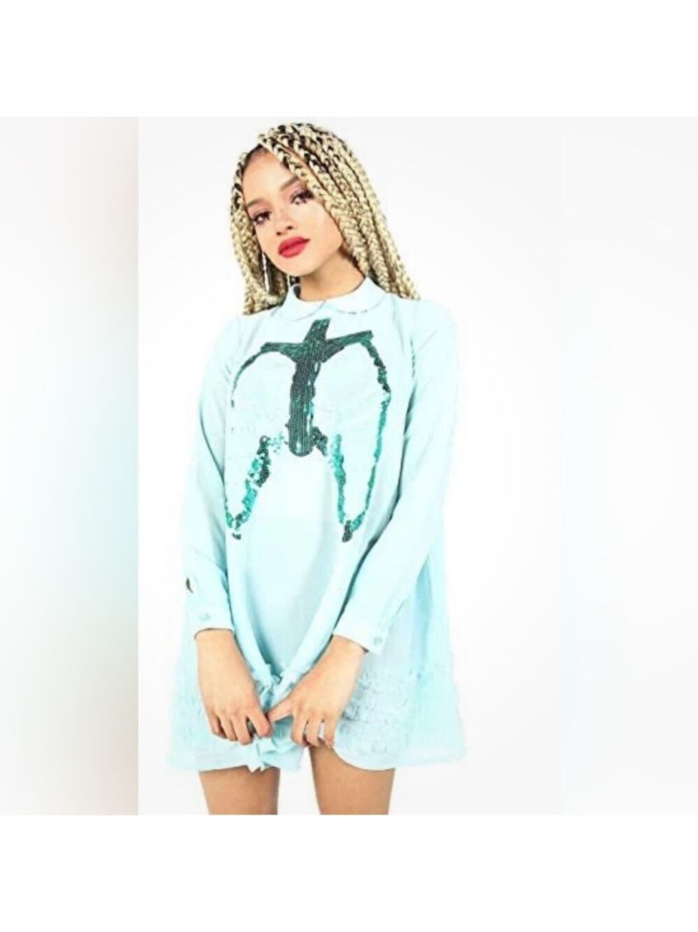 Iron Fist Dead Mermaid Walking Dress Pastel Goth Blue Sequin Rib Cage Pan Collar - Picture 9 of 14